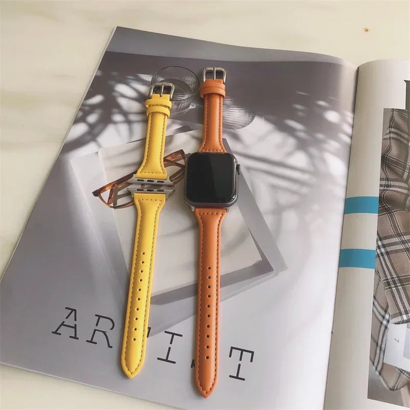 Slim leather strap for Apple Watch band 49mm series 7 8 9 41mm/45mm 38mm/42mm Wrist bracelet iWatch SE 6 5 4 3 40mm/44mm ultra-2